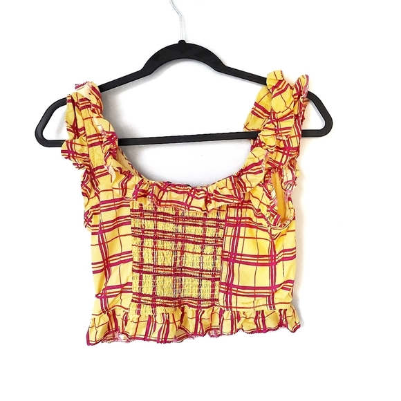 L'Academie Womens Size Small The Laci Top Cropped Ruffle In Yellow Plaid - Picture 4 of 8